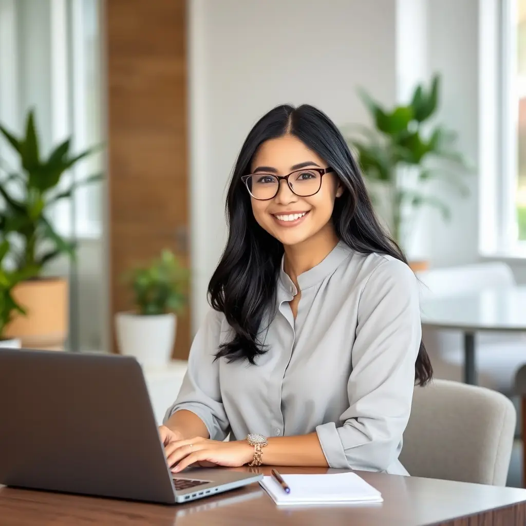 A young woman in a light grey blouse sitting at a desk with a laptop.