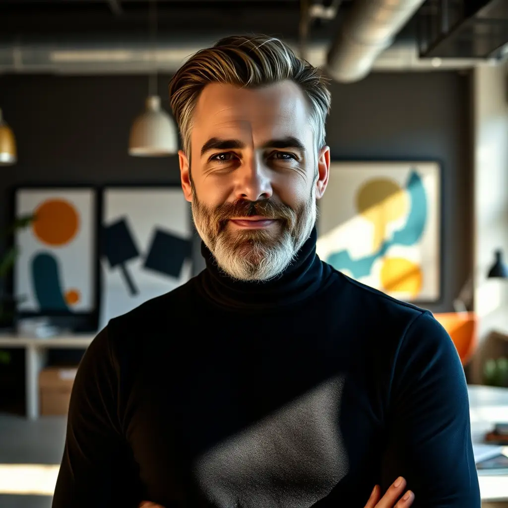 A middle-aged man in a black turtleneck standing in a modern office.