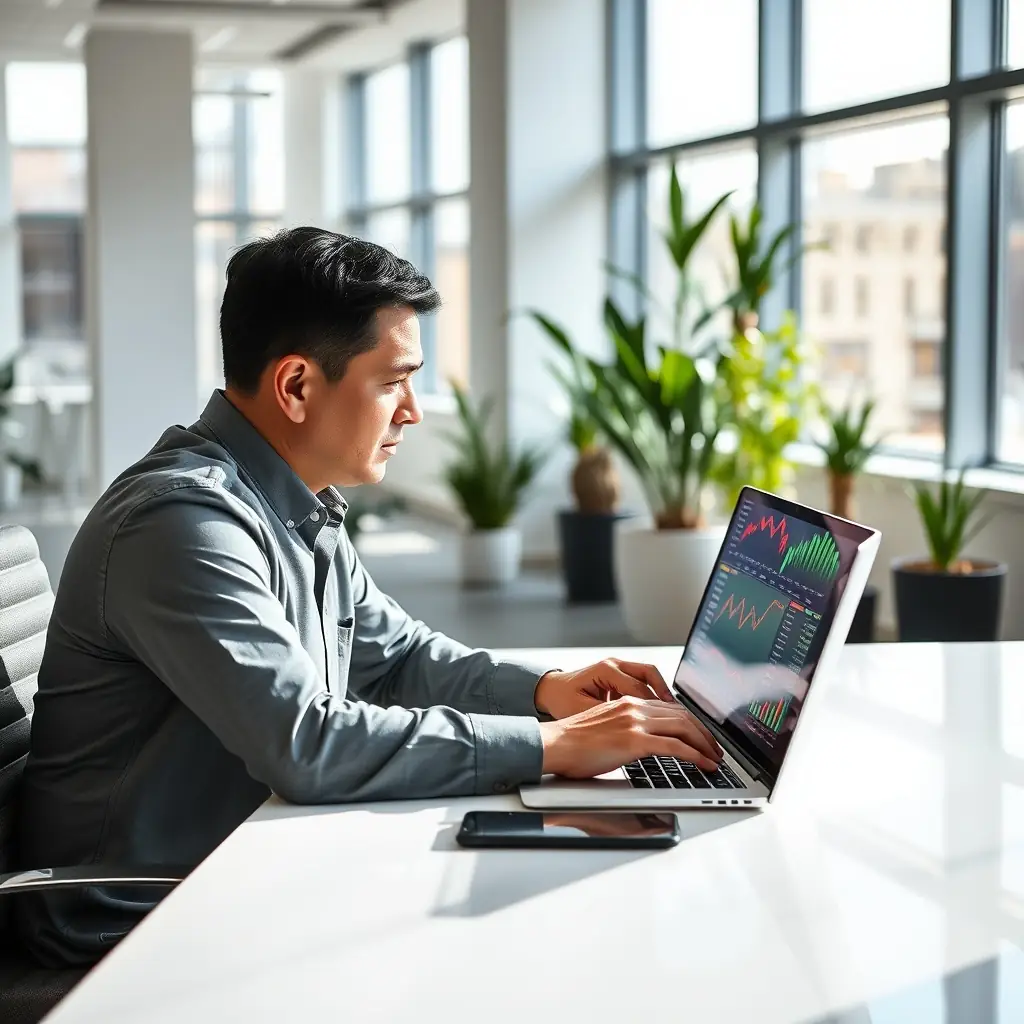 An accountant using a laptop in a modern office, viewing financial graphs and data.