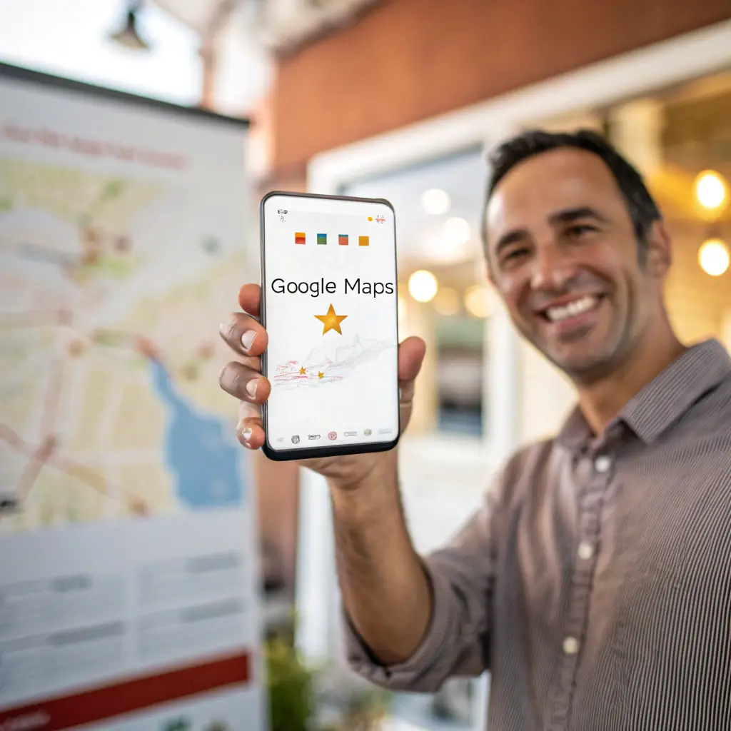 An image depicting a local business owner smiling and pointing at a smartphone showing their business ranking high on Google Maps search results. The background shows a vibrant local street scene with potential customers.