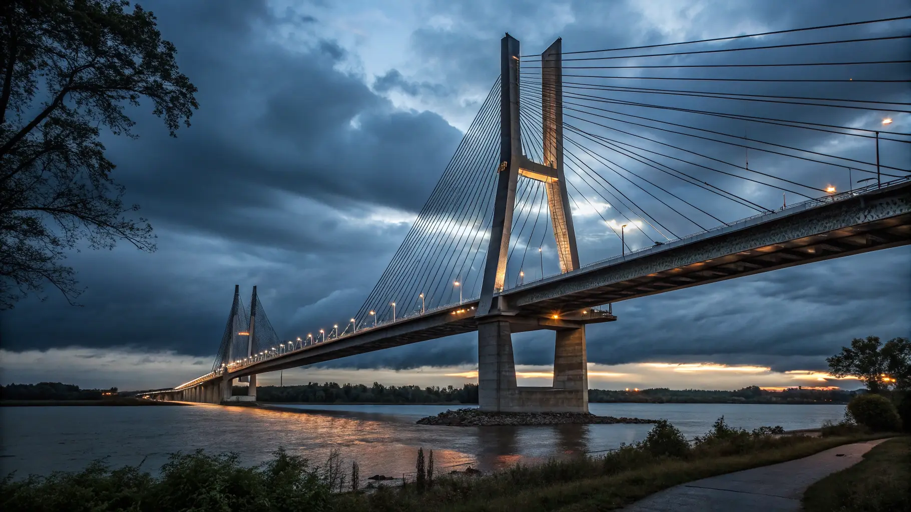 a high-resolution image of a modern suspension cable bridge with visible cables and support structures, emphasizing engineering precision and infrastructure strength