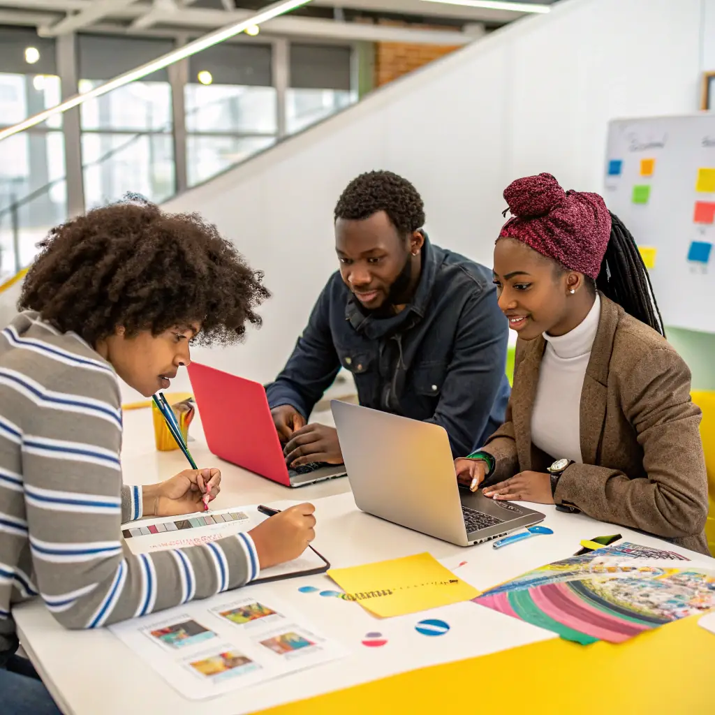 A diverse group of freelancers and consultants working on laptops in a modern co-working space, symbolizing collaboration and flexibility.