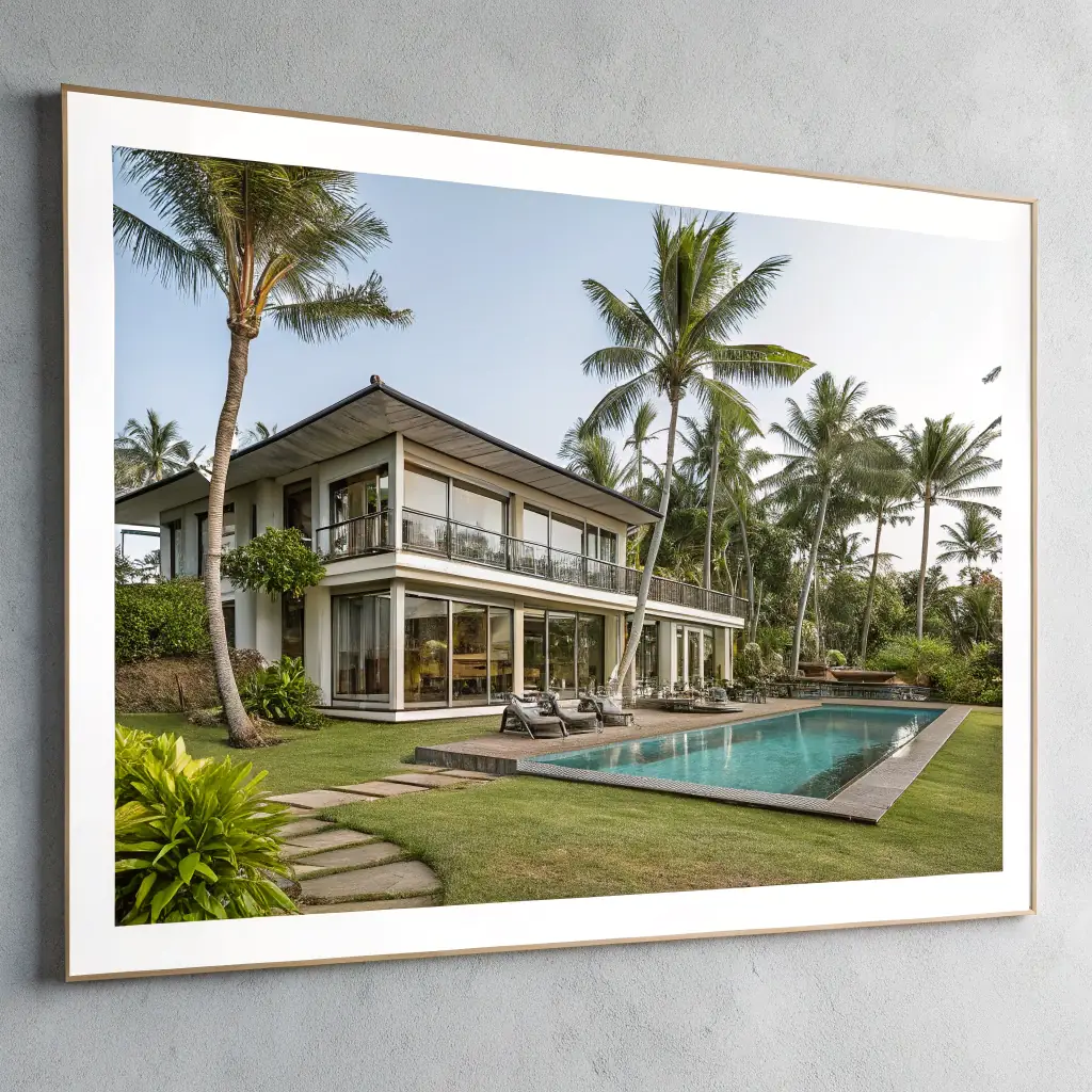 A modern, bright and inviting photograph of a luxury villa with a pool in Gran Canaria, showcasing the lifestyle and investment potential. The image should convey a sense of exclusivity and opportunity.