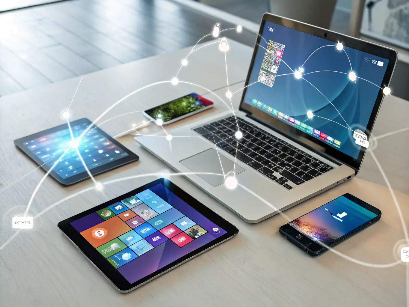 A visually striking image representing business automation, showing interconnected digital devices and data streams, symbolizing efficiency and growth. The image should convey a sense of innovation and technological advancement, suitable for a digital marketing agency specializing in automation.