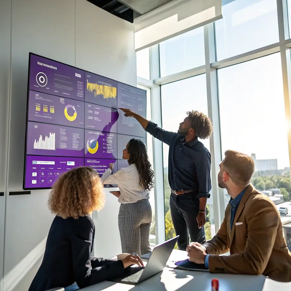 A team collaborating around a digital dashboard, visualizing the impact of the Brand Operations Playbook on company-wide alignment and growth metrics. The image should convey clarity, structure, and measurable results.