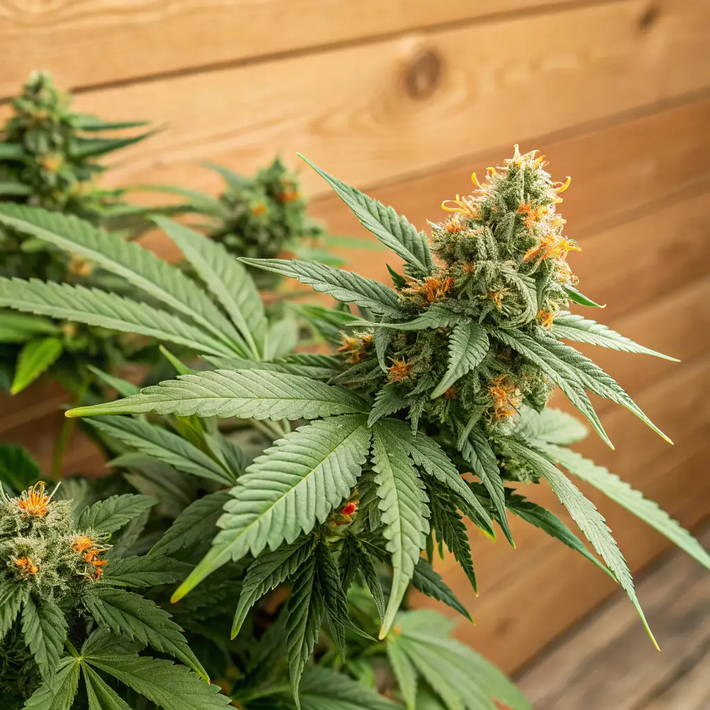 A close-up shot of Illuminati OG buds, showcasing their dense trichome coverage and vibrant green hues, placed in a sophisticated setting that reflects MrGreenDc's upscale brand.