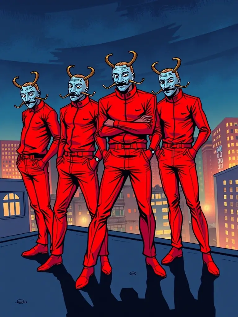 Poster for Money Heist series, featuring the characters in red jumpsuits and Dali masks.