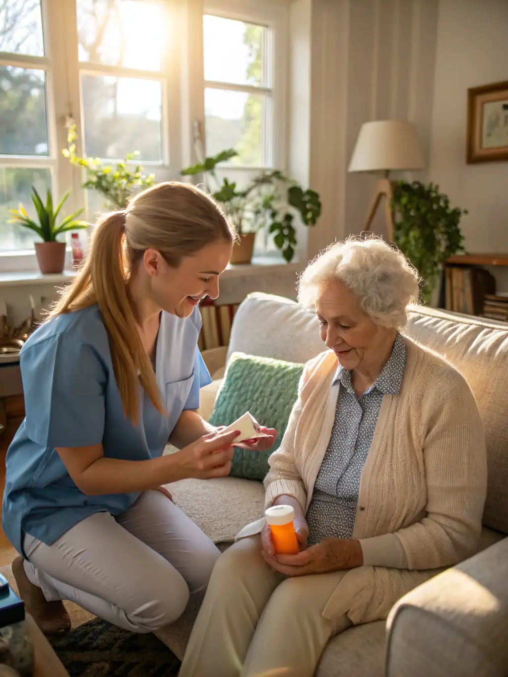 A concerned adult helping an elderly person with their medication, symbolizing general conservatorship for adults needing assistance with daily tasks.