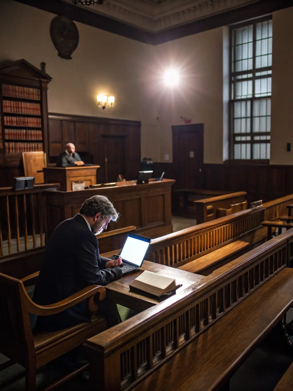 A judge reviewing documents in a courtroom, symbolizing the temporary nature of a temporary conservatorship arrangement.