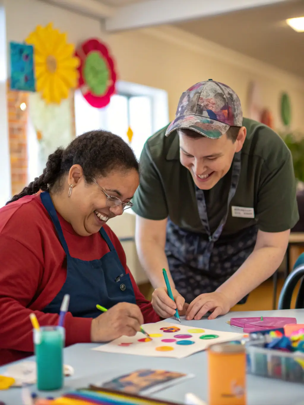 A supportive caregiver assisting an adult with developmental disabilities in a structured workshop, representing limited conservatorship.