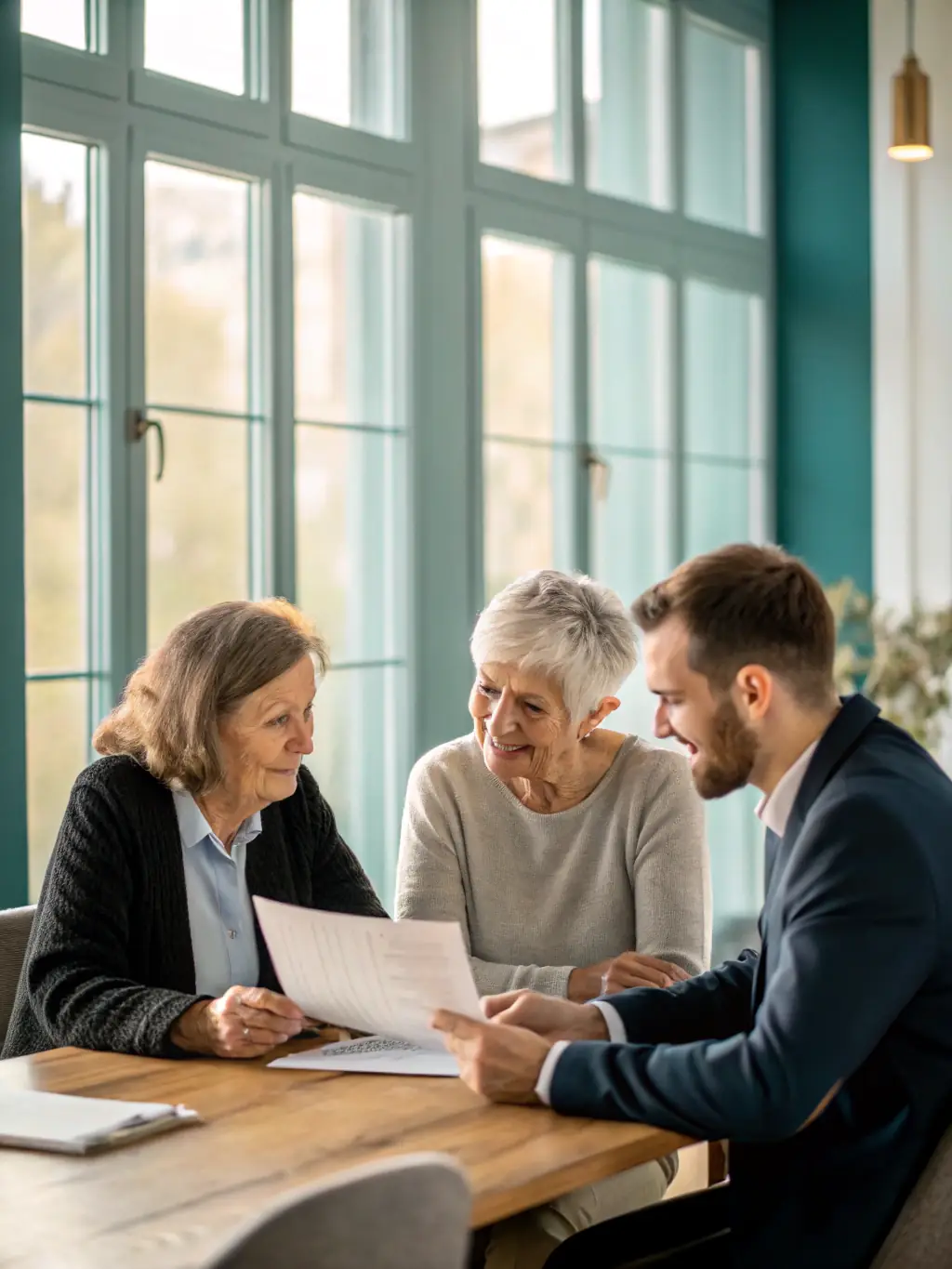 A family discussing legal documents with a Trustpoint attorney in a bright, modern office, representing the support and guidance provided by the firm.