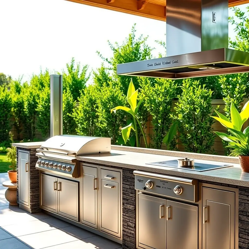 Grill hood system installed over an outdoor grill with vent ducting and stainless steel finish