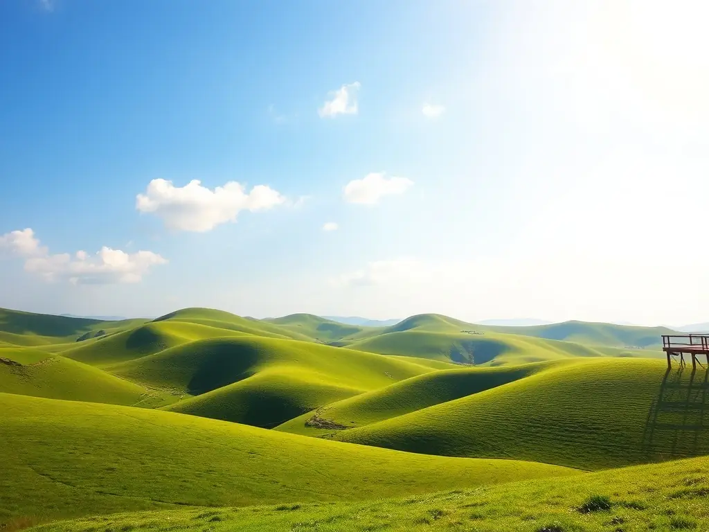 A serene landscape with rolling green hills, ancient trees, and a clear blue sky, symbolizing Keltia's connection to nature and its focus on sustainability.