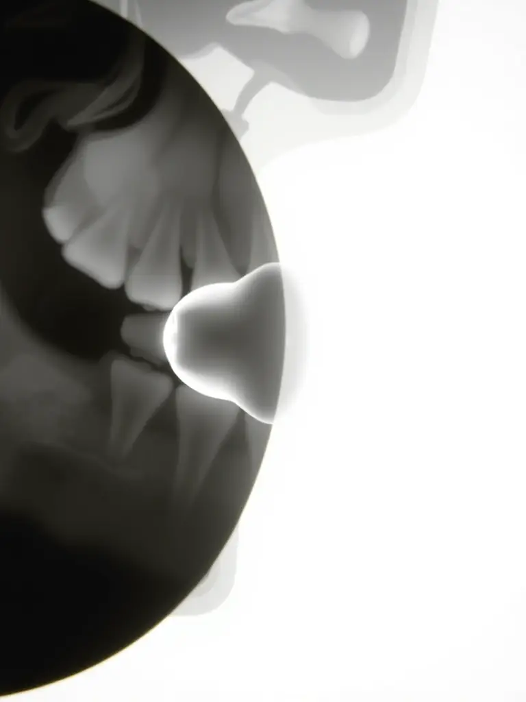 An x-ray image showing an impacted wisdom tooth pressing against adjacent molars, highlighting the complexity of wisdom tooth extraction.