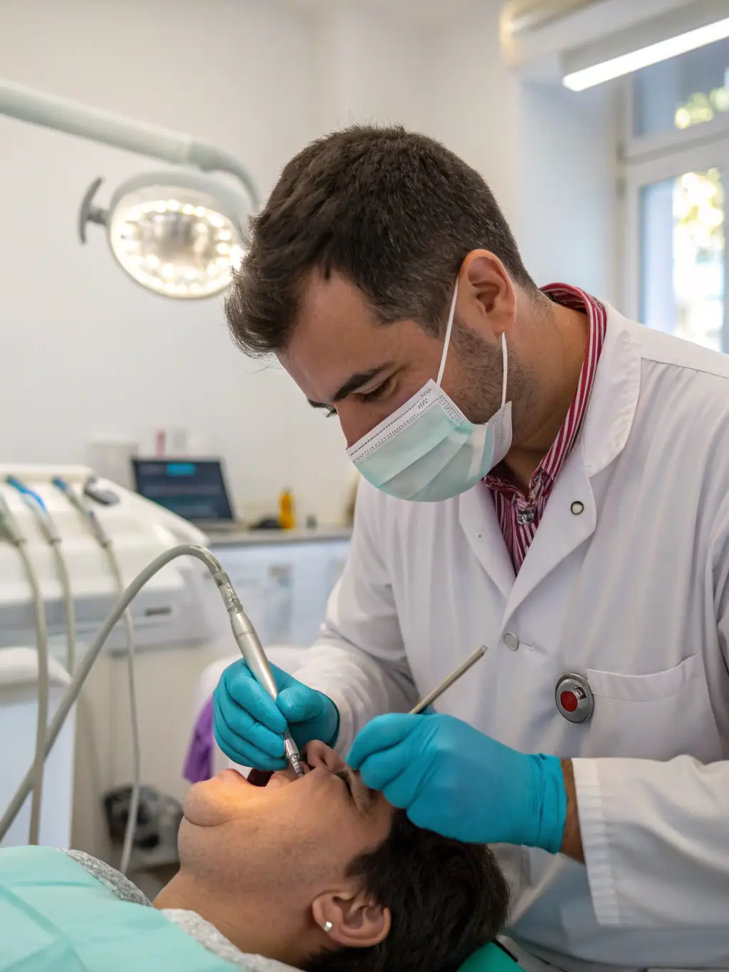 A dentist gently extracting a decayed molar from a patient's mouth, with a focus on the dentist's gloved hands and the tooth being removed.