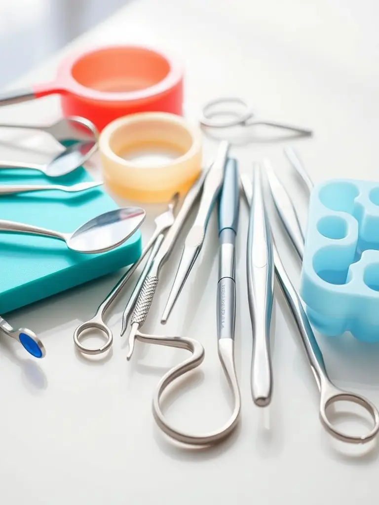 A close-up shot of dental tools used for tooth extraction, including forceps and elevators, arranged neatly on a sterile tray in a modern dental clinic setting.