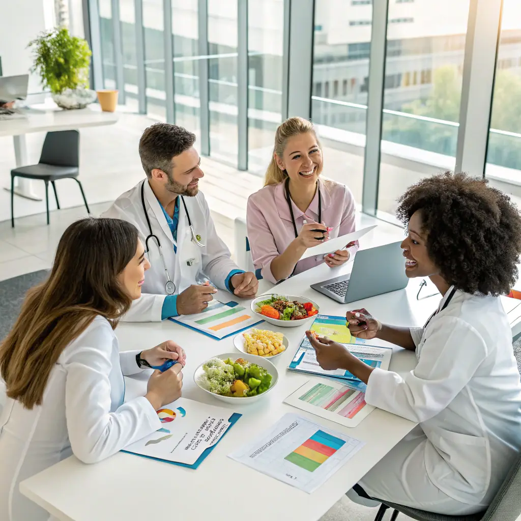 A diverse group of employees participating in a wellness workshop, led by a nutritionist, in a modern office setting. The atmosphere is positive and engaging, with employees actively participating and learning about healthy eating habits.