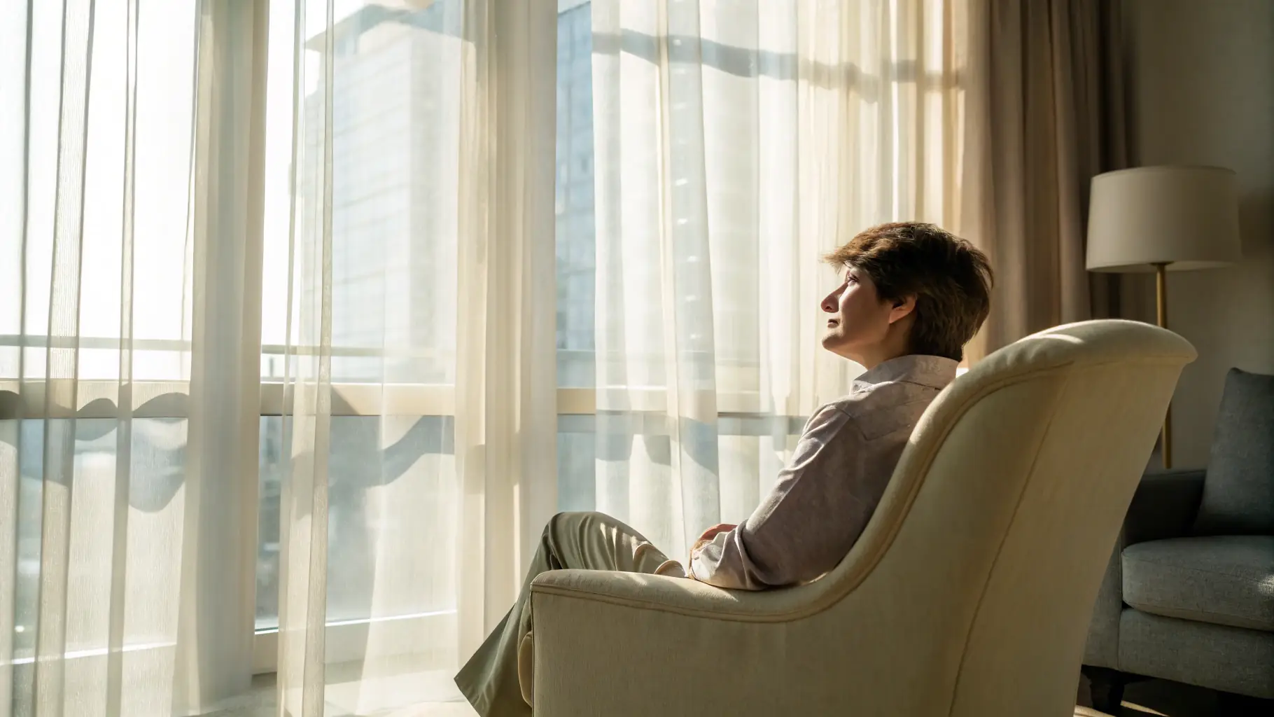 A person experiencing a sense of calm and relaxation, with a gentle smile and a peaceful expression. The background is soft and blurred, suggesting a comfortable and serene environment.