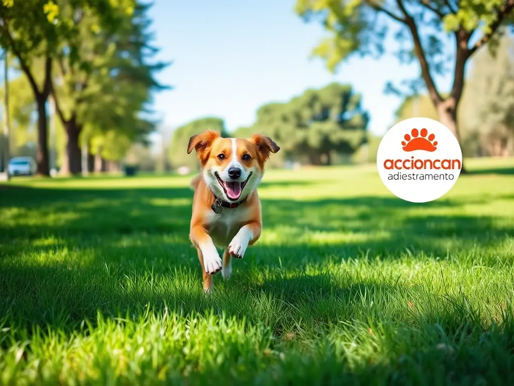A happy dog running through a park in Plasencia, Spain, with the Accioncan-adiestramiento logo subtly visible in the background. The image should evoke feelings of joy, freedom, and a strong bond between dog and owner. The overall color scheme should incorporate the brand's corporate colors: gray and bright lime green.