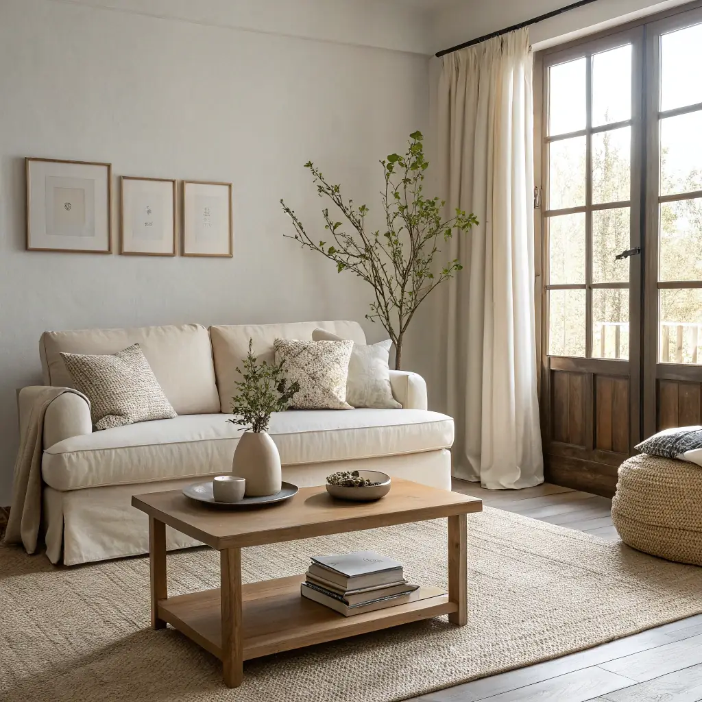 A brightly lit, minimalist living room featuring a Modern Montessori desk mat under a sleek laptop, a geometric-patterned cushion on a neutral sofa, and a piece of abstract art on the wall, showcasing the blend of functionality and aesthetic appeal.