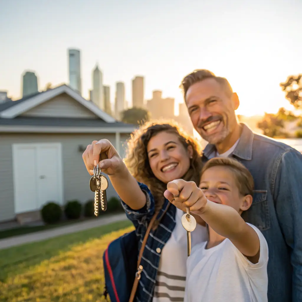 An image depicting a happy family receiving keys to their new home, symbolizing the dream of homeownership achieved through a lease-option agreement. The image should convey a sense of accomplishment and financial security.