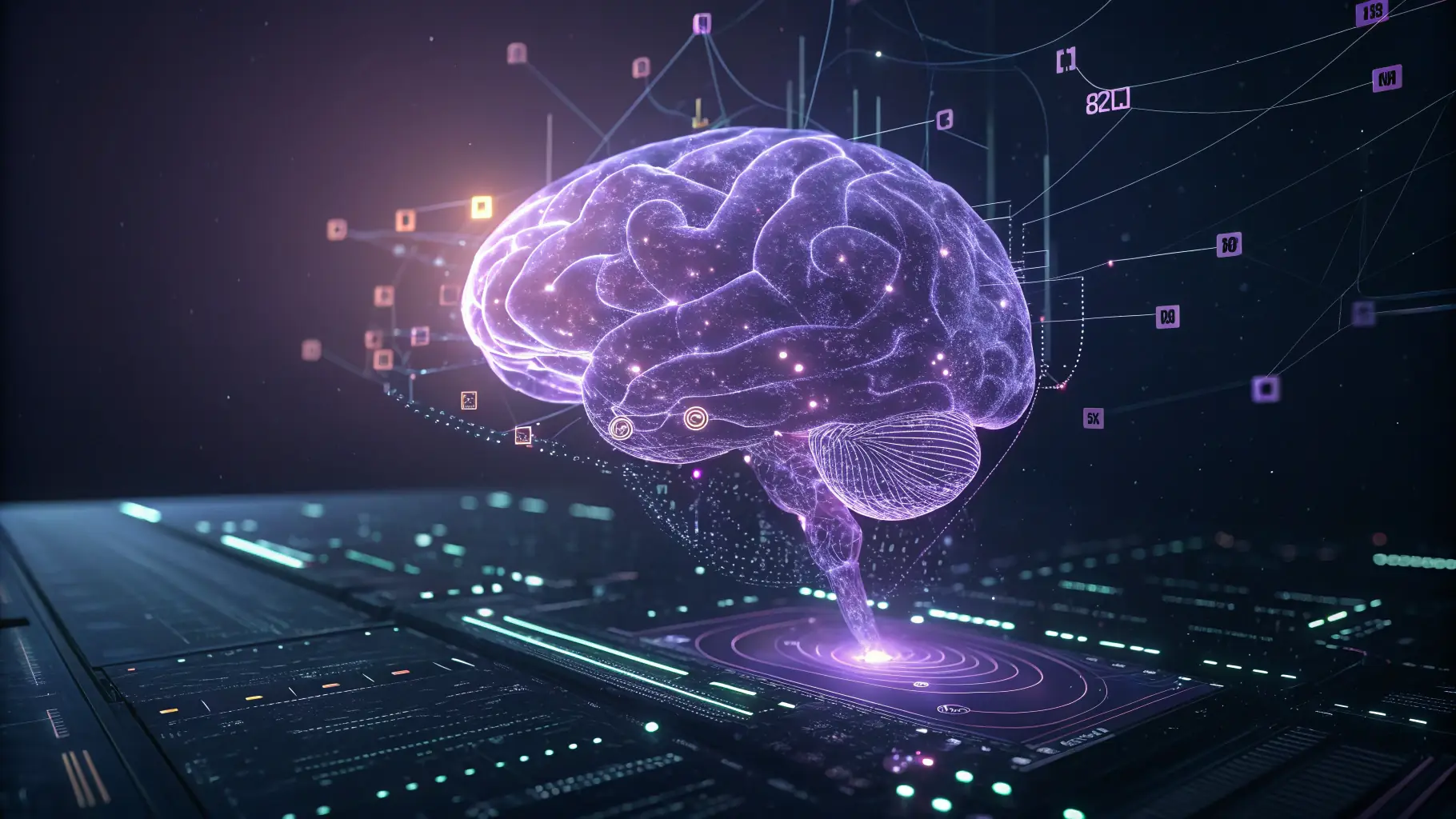 An AI brain connected to a website interface, symbolizing AI-driven SEO.
