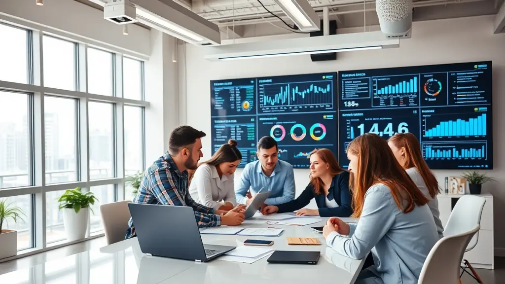 A diverse team of digital marketing experts collaborating in a modern office setting, analyzing data on large screens and strategizing solutions for enterprise-level clients.