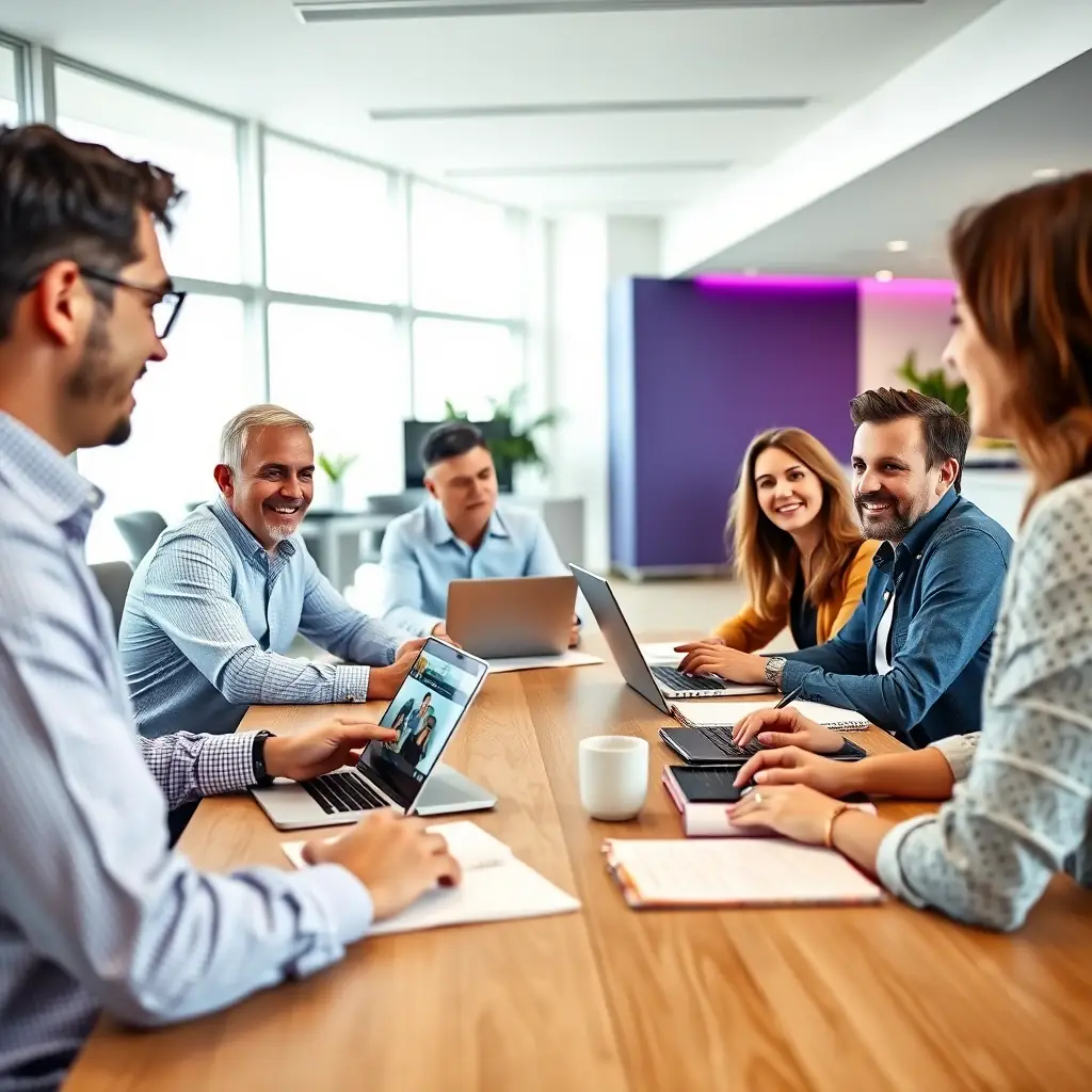 A diverse group of tech executives brainstorming around a table, focused on developing a new marketing strategy. The atmosphere is collaborative and innovative, reflecting the outside-in messaging approach.