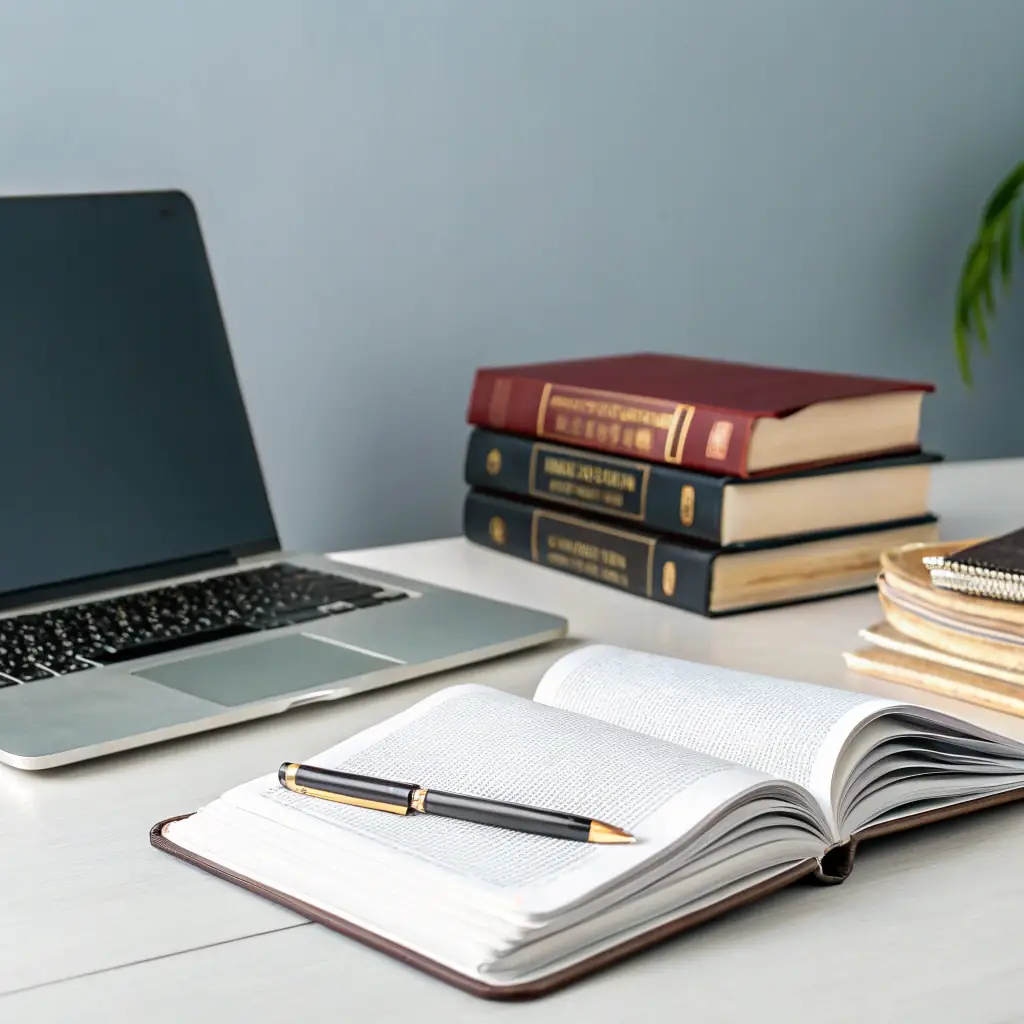 A square photo of neatly arranged ESG and carbon documents, sustainability reports, and compliance checklists on a clean white desk, with green plants and stationery, no people or faces.