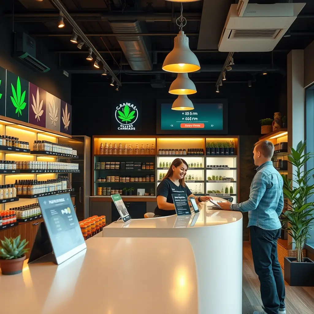 A modern, well-lit cannabis dispensary interior with a diverse selection of products displayed neatly on shelves. Friendly staff are assisting customers, creating a welcoming and professional atmosphere.