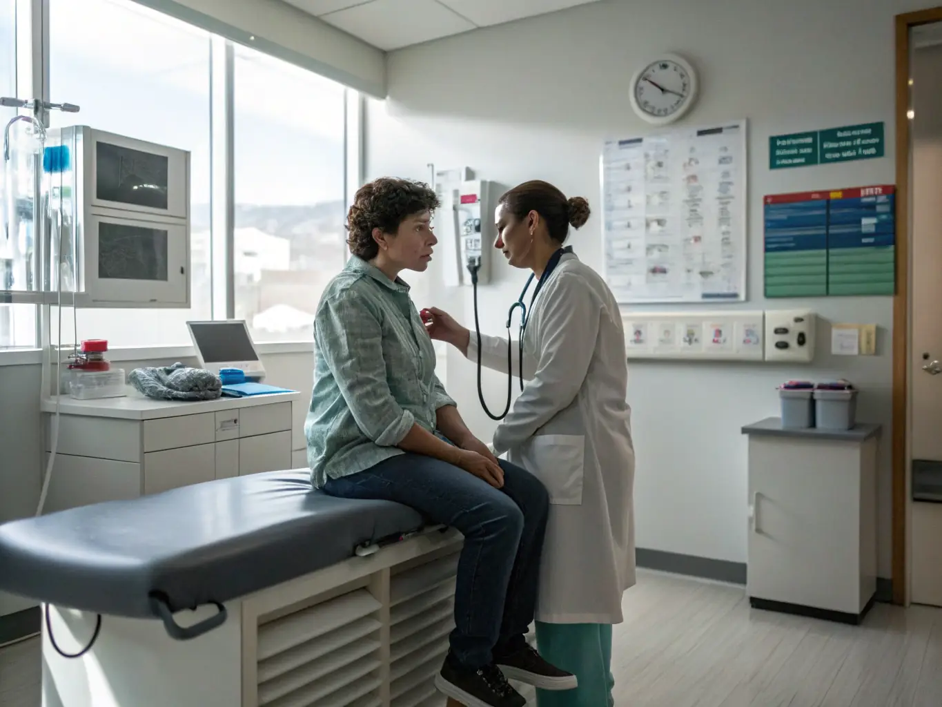 A person undergoing a health check-up with a doctor, showcasing modern medical equipment and a caring environment.