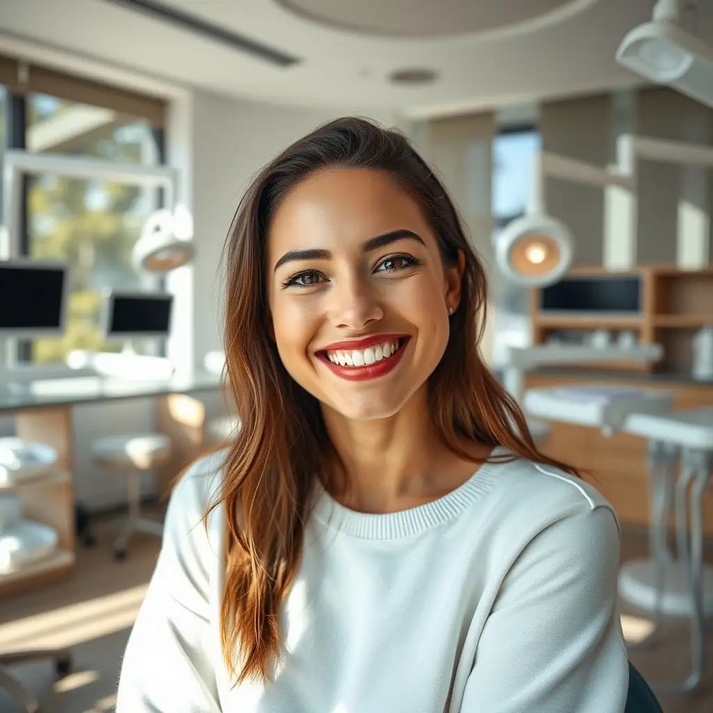 A modern, clean photo of a patient smiling confidently after receiving dental treatment at Sanghvi Face and Dental Hospital. The patient's smile should look natural and healthy.