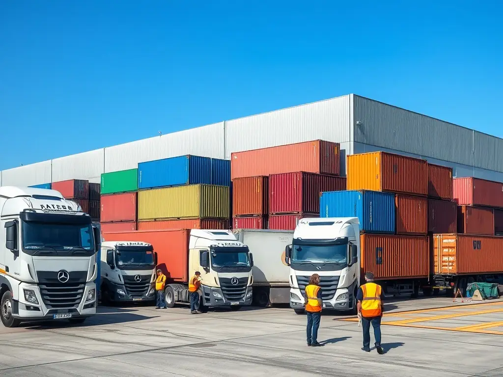 A modern transport and logistics warehouse with trucks loading and unloading, symbolizing efficiency and precision in financial management for the transport sector.