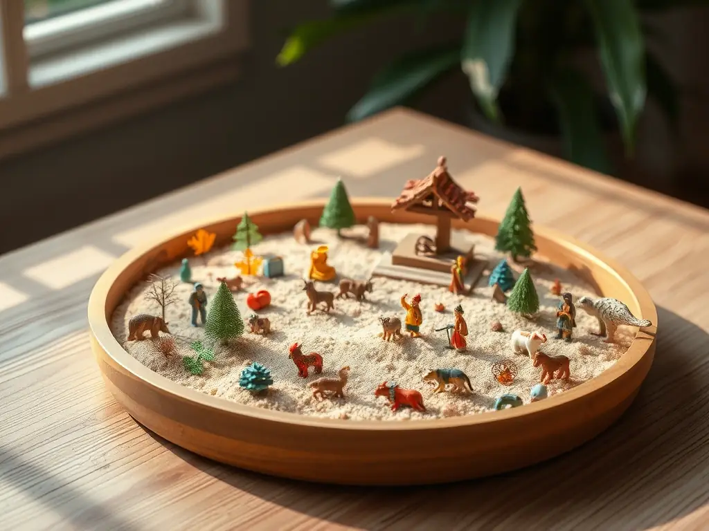 A sand tray with miniature figures arranged in a symbolic scene, representing a client's inner world.