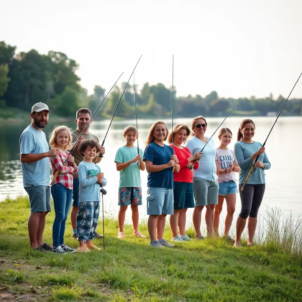 A group of people fishing together at a lake, smiling and enjoying the activity, representing the community aspect of L'ETANG AMICUS fishing club.