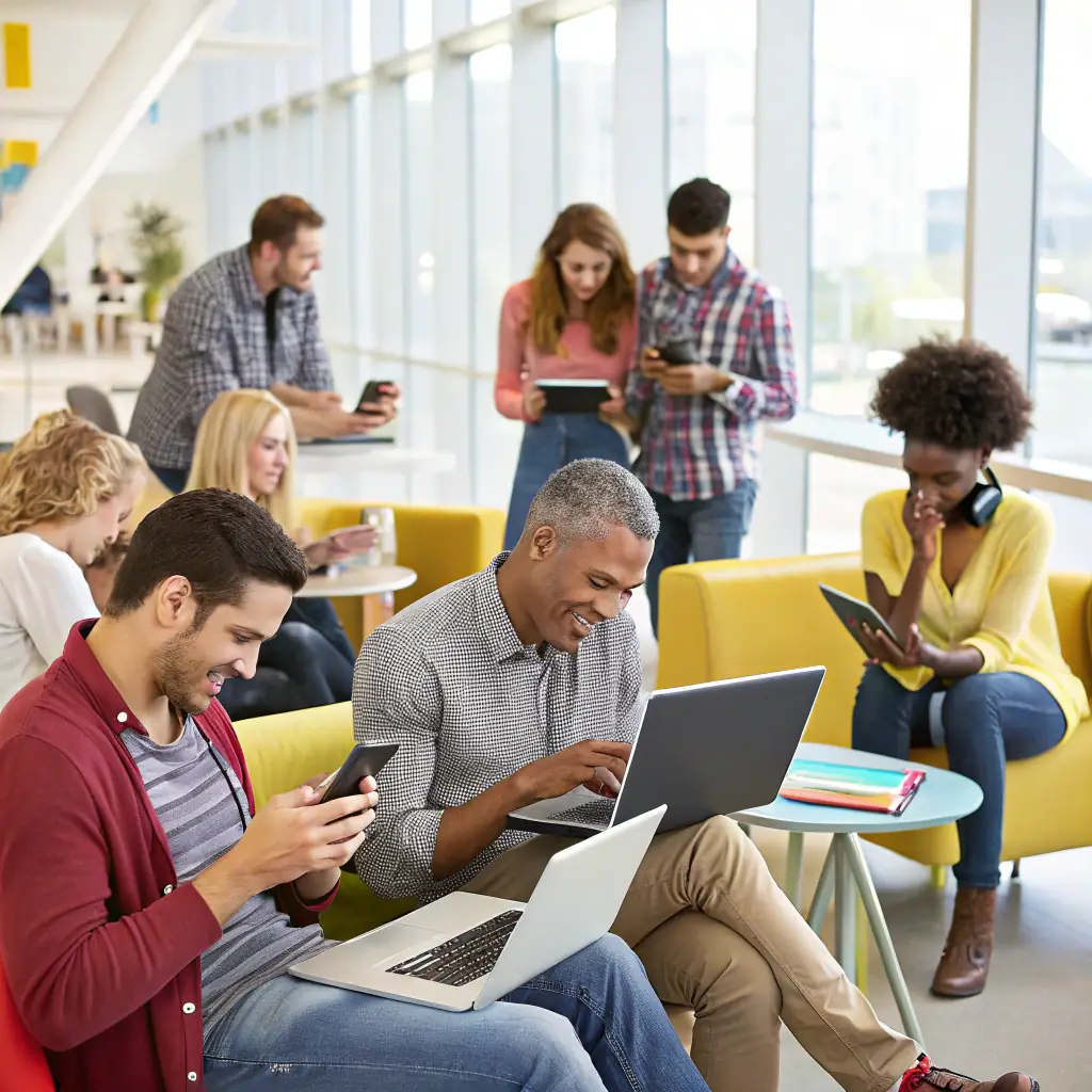 A visually engaging image showcasing a diverse group of users interacting with various digital interfaces on phones, tablets, and laptops, representing the breadth of CrowdUX's user research capabilities.