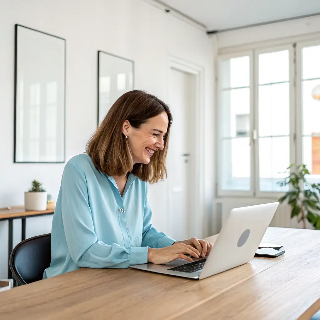 A person smiling while using VibeStudio on a laptop, showcasing the ease of use and the positive impact on their workflow. The background should be clean and modern, reflecting the VibeStudio brand.