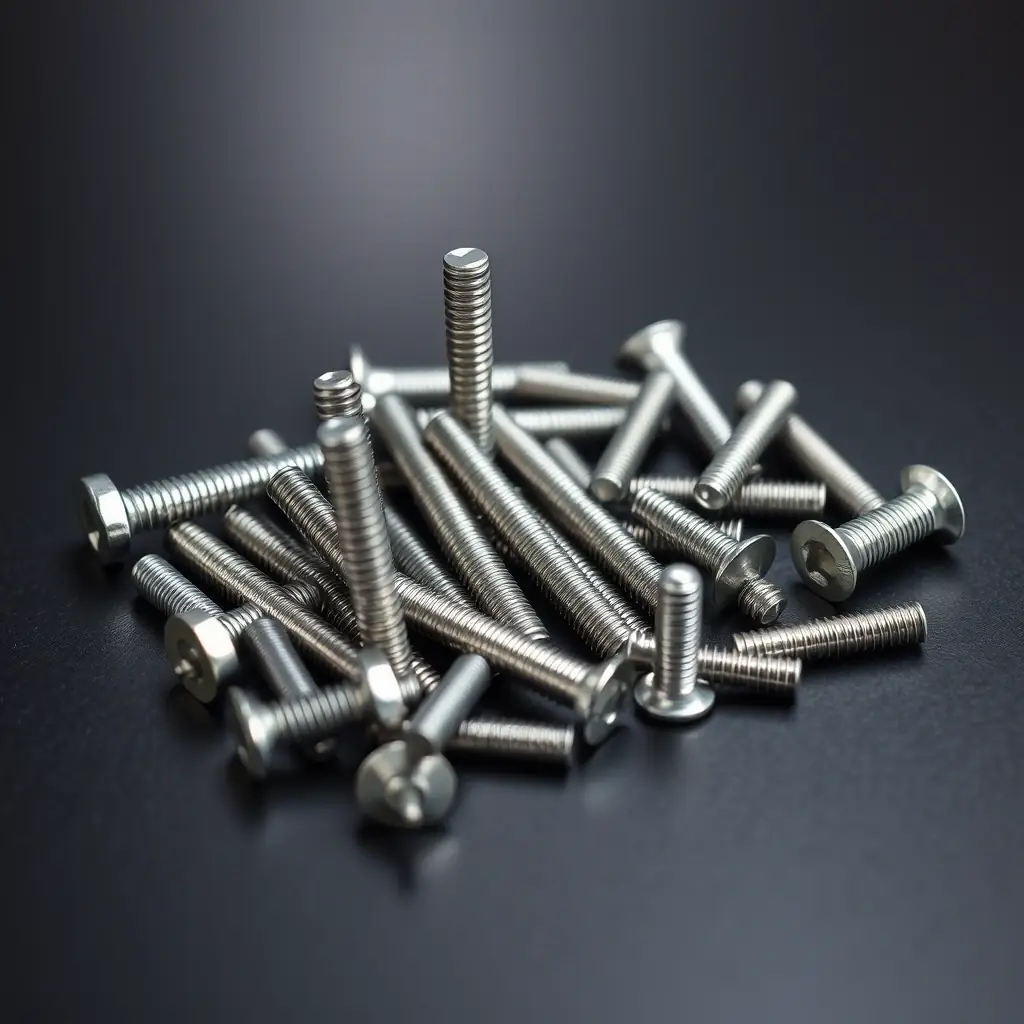 An image showcasing a variety of Jaaco's stainless steel fasteners (nails, screws) arranged neatly on a dark surface. The fasteners should be clean and shiny, highlighting their quality. The background should be slightly blurred to keep the focus on the products. The image should convey precision and durability.