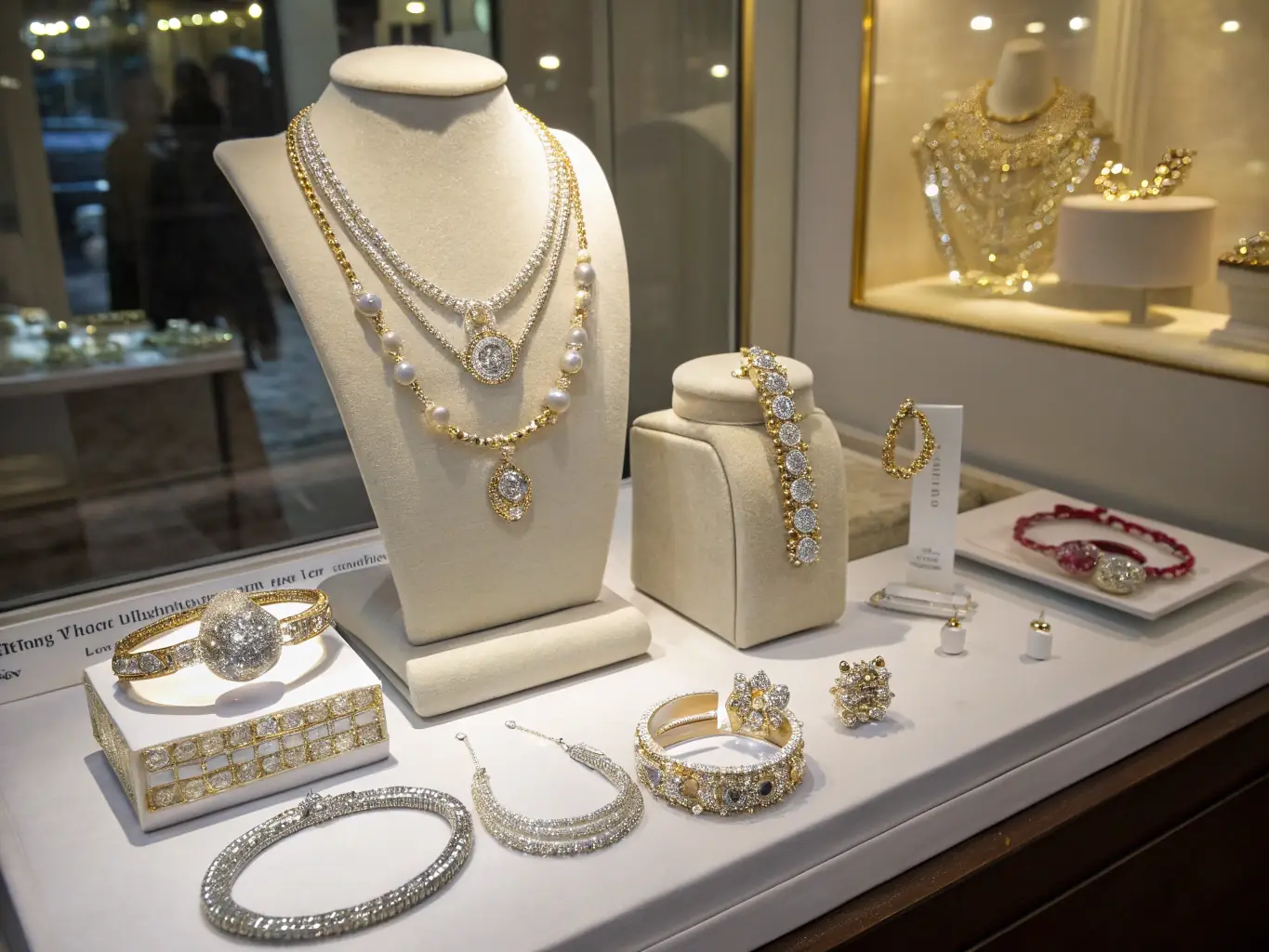 Image of a jewelry collection displayed in a sleek, modern setting, emphasizing brand elegance.