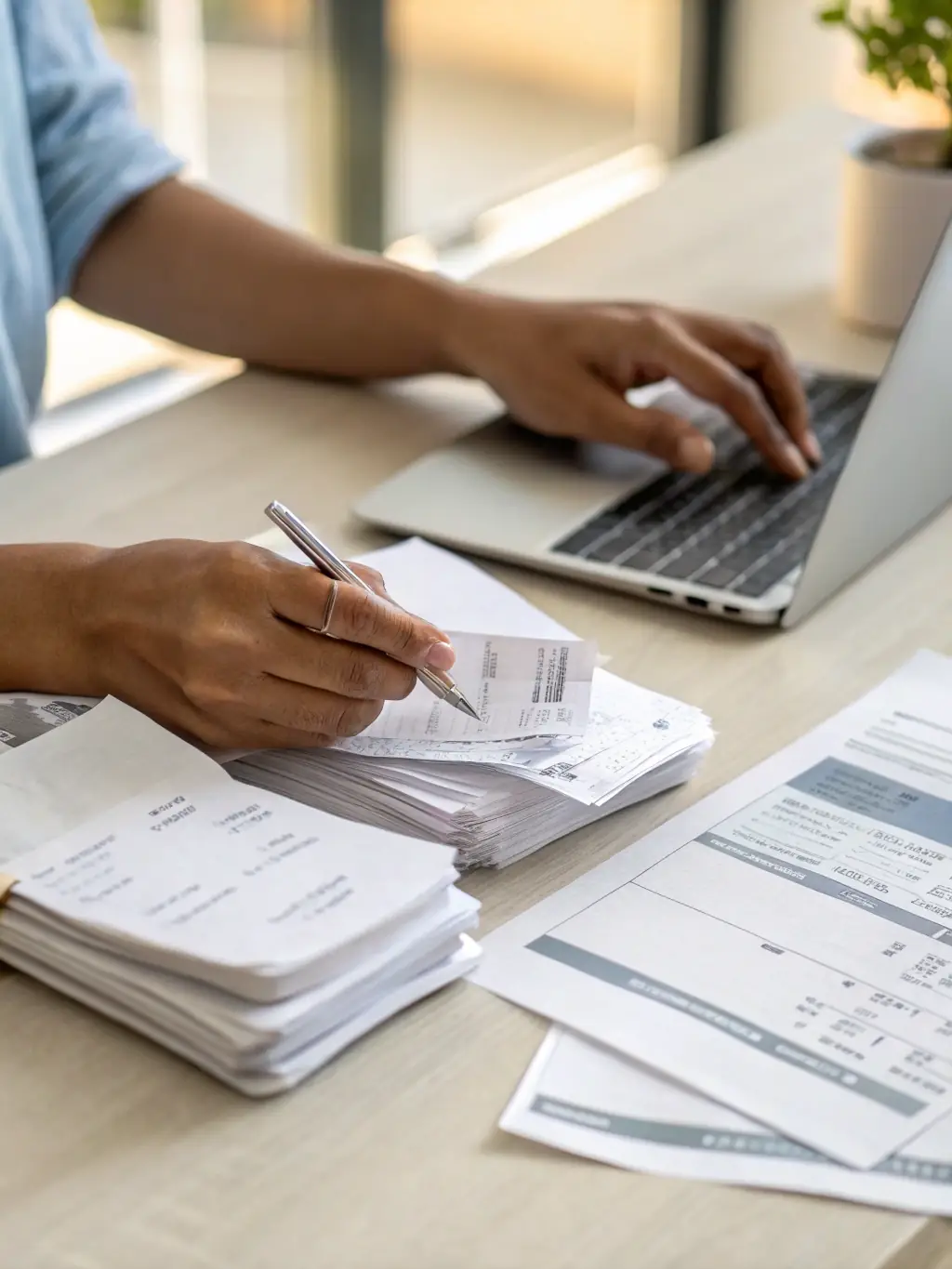 A close-up shot of tax documents being organized, highlighting Trustpoint's expertise in business tax setup and compliance.