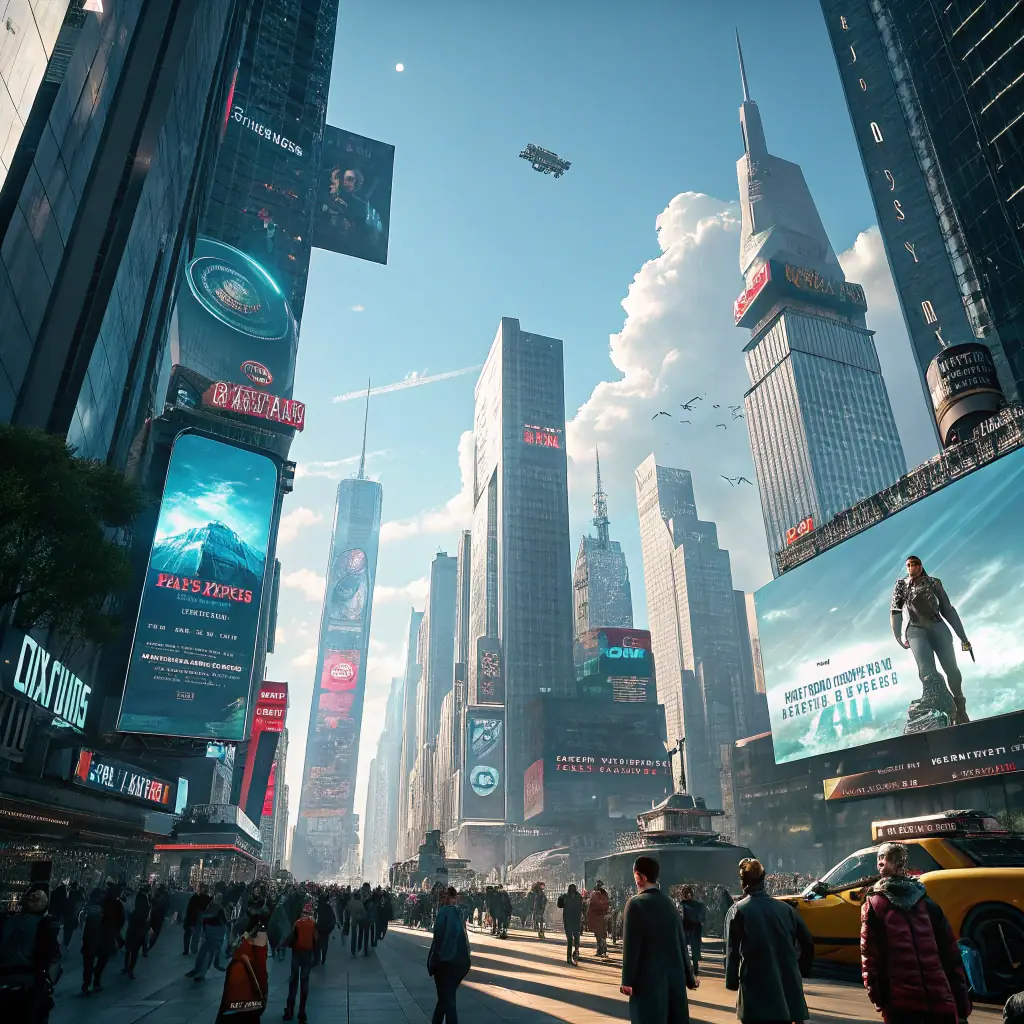 A futuristic cityscape with the Google headquarters prominently displayed. In the foreground, R2-D2 and C-3PO are engaged in a discussion near a large, illuminated Omegacube. Sun rays beam down, highlighting the scene and symbolizing the power of digital marketing and AI-driven insights.