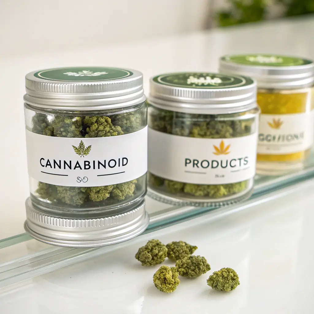 Close-up shot of various Green Legacy cannabis products (flower, concentrates, edibles) with clear labels indicating THC percentages. The image should convey quality and transparency.