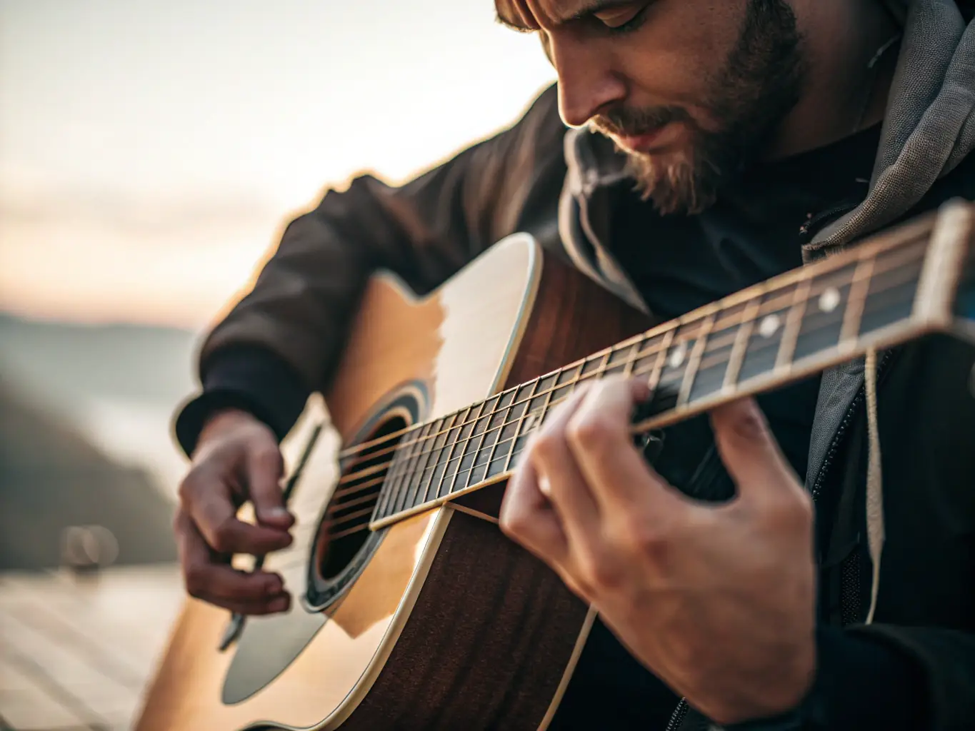 A close-up shot of a musician playing an acoustic guitar in a cozy setting.