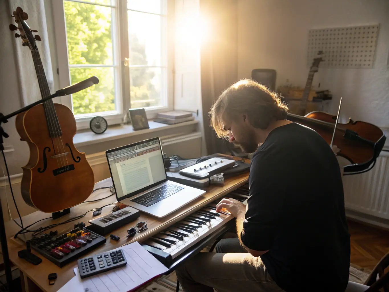 An image of a musician composing music in a home studio with various instruments around.