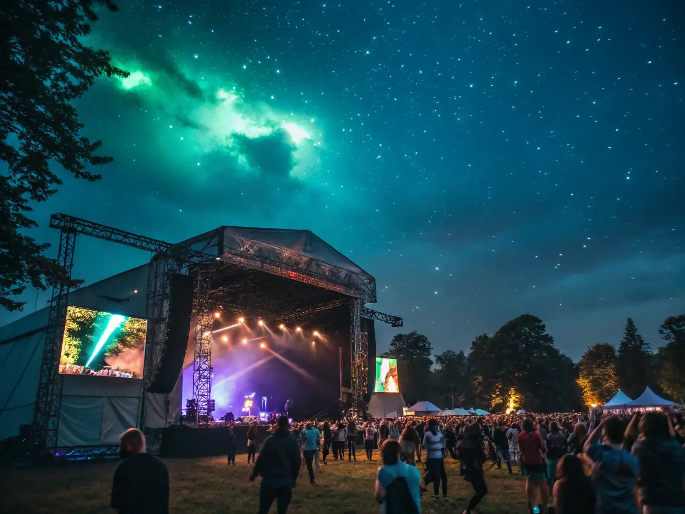 A vibrant live performance with a band playing at a festival.