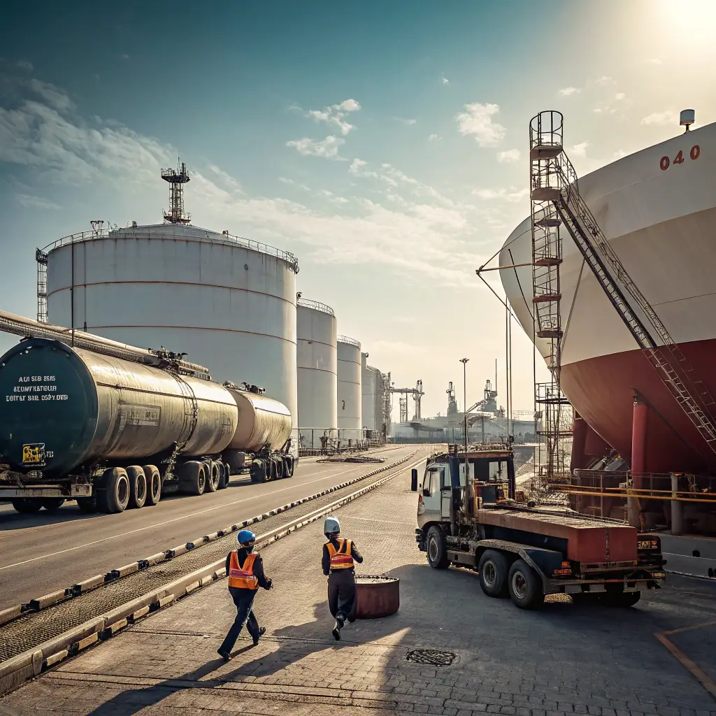 A modern oil tanker ship being loaded with refined petroleum products at a terminal, under a clear blue sky. The Eco-Logistics logo is subtly visible on the terminal.