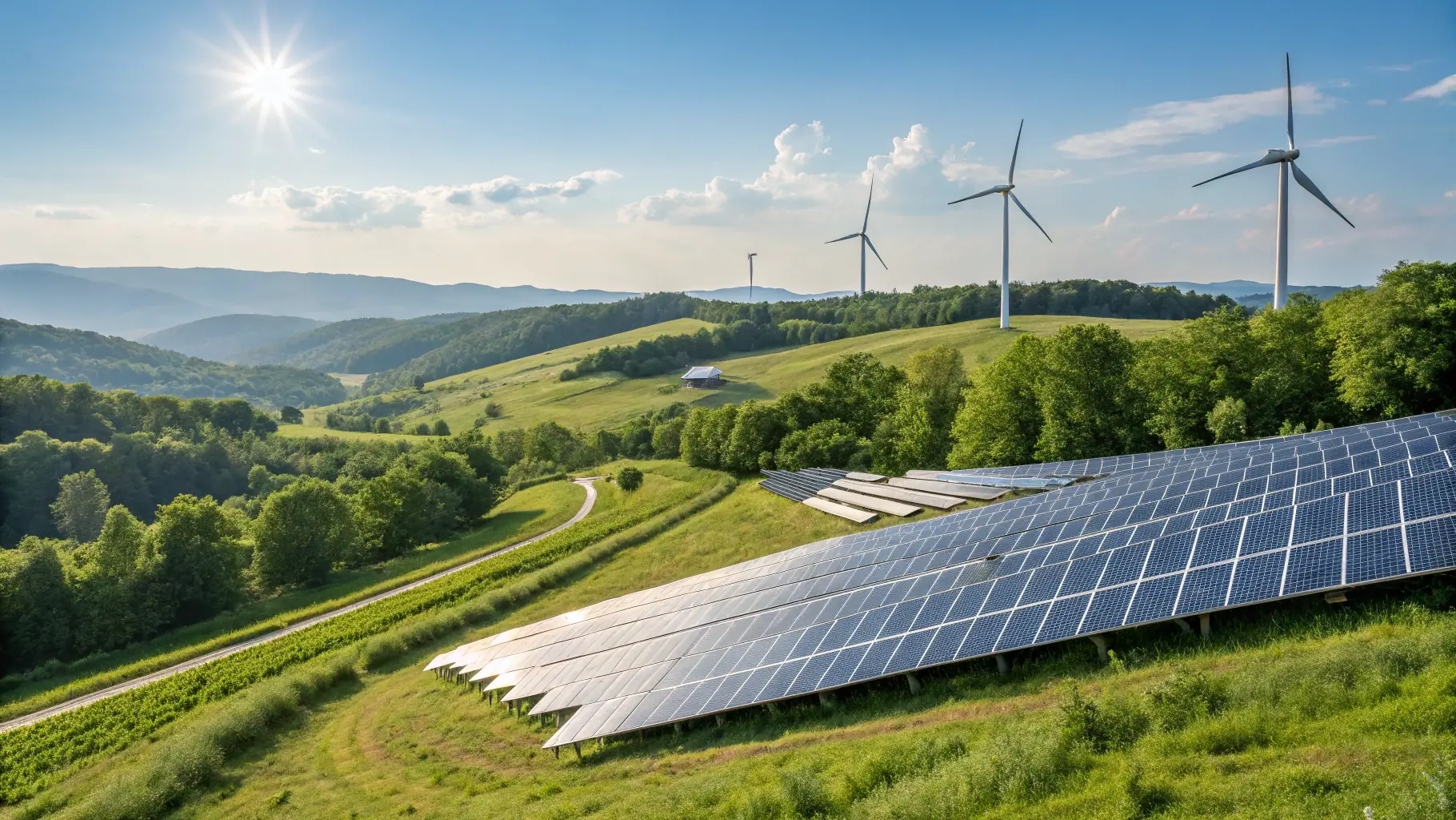 An image showcasing a solar farm, energy transmission towers, and cloud data centers symbolizing CELINTECH's energy and ICT solutions.