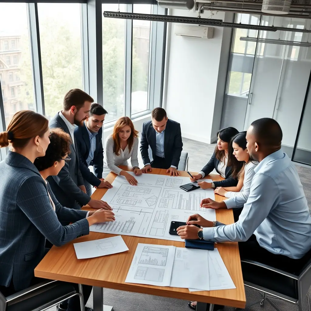 A modern office space with consultants collaborating on a project, emphasizing teamwork and expertise in quality and safety systems.
