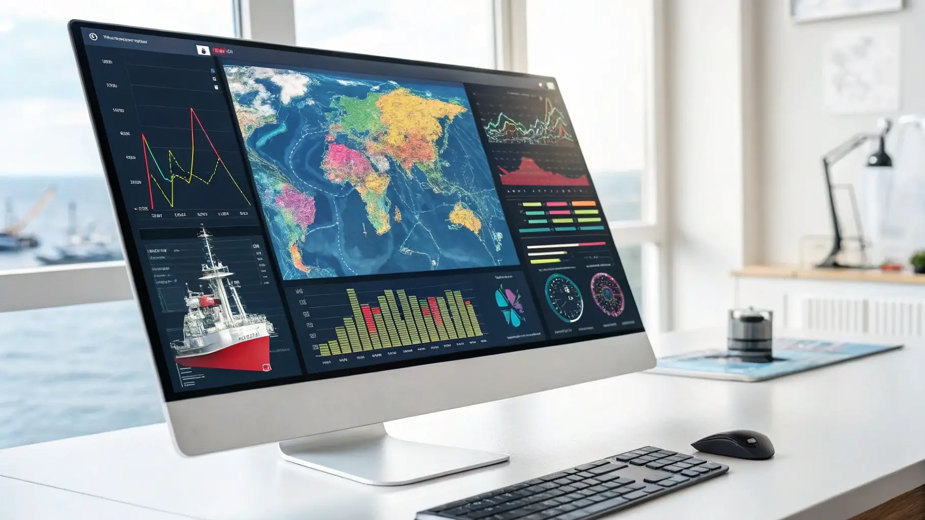 A sleek digital dashboard displaying shipowners, brokers, and cargo companies collaborating seamlessly on a modern platform