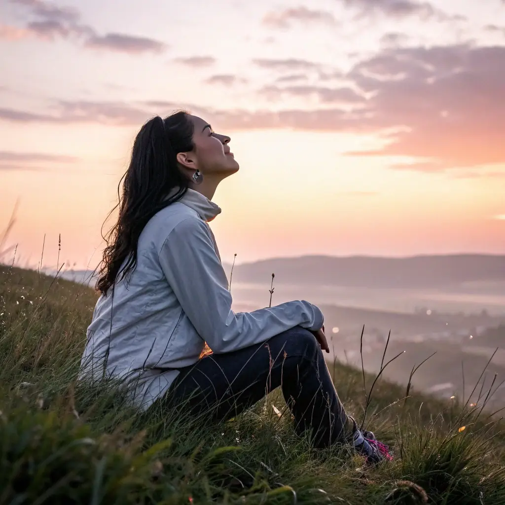 A serene woman practicing yoga at sunrise, embodying the balance and well-being promoted by GlowLife.be. The image should convey a sense of peace, health, and connection with nature.